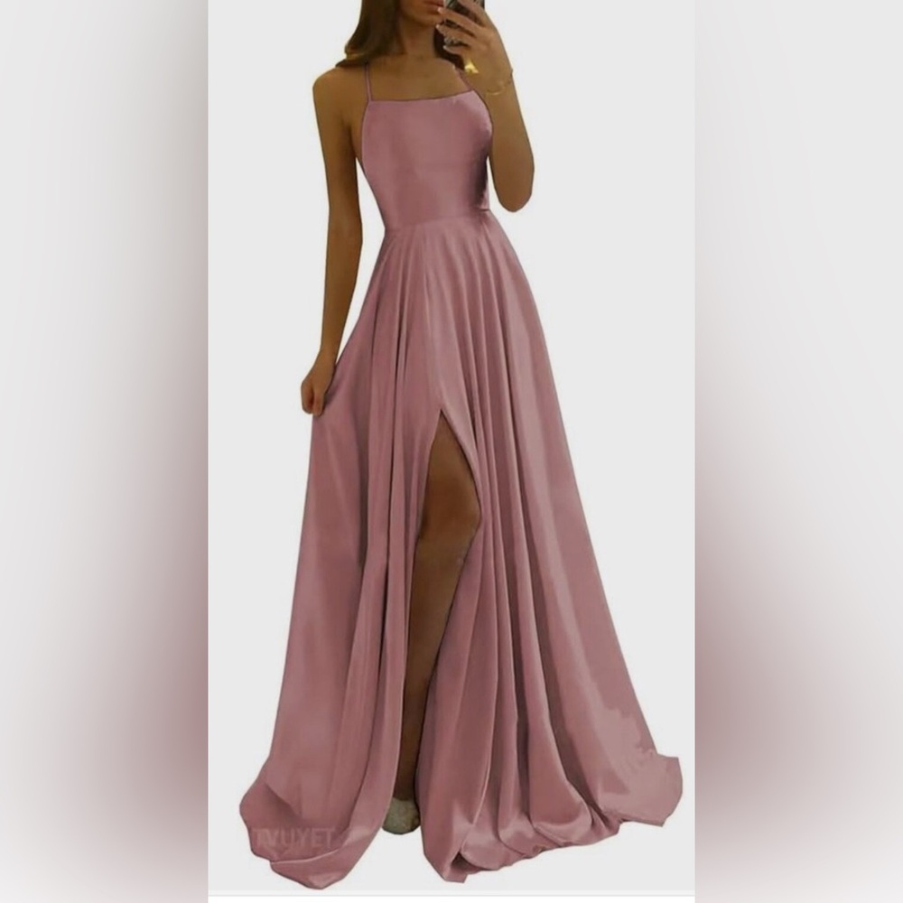 Elegant Women's Dusky Rose Maxi Dress with Front Slit NWT